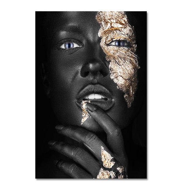 Living Room Wall Art- Black & Gold Woman. Painting Photo Canvas Print. WickedYo